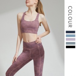 Onebas Yoga Outfit With Purple Gray Leggings Sport Bra 2 Colors